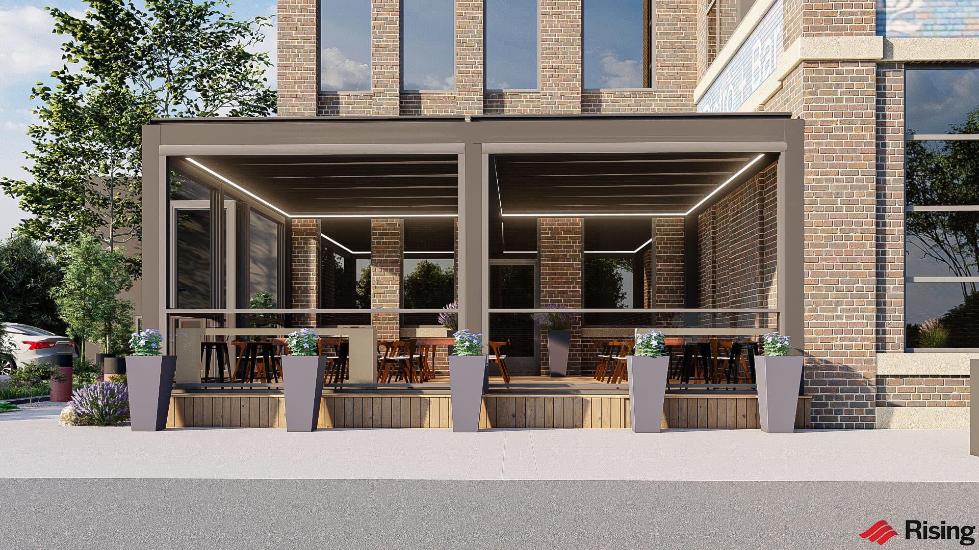 Breslow design rendering of the B2 Bistro Motorized SkyTilt Louvered Roof prior to installation in Reading, PA